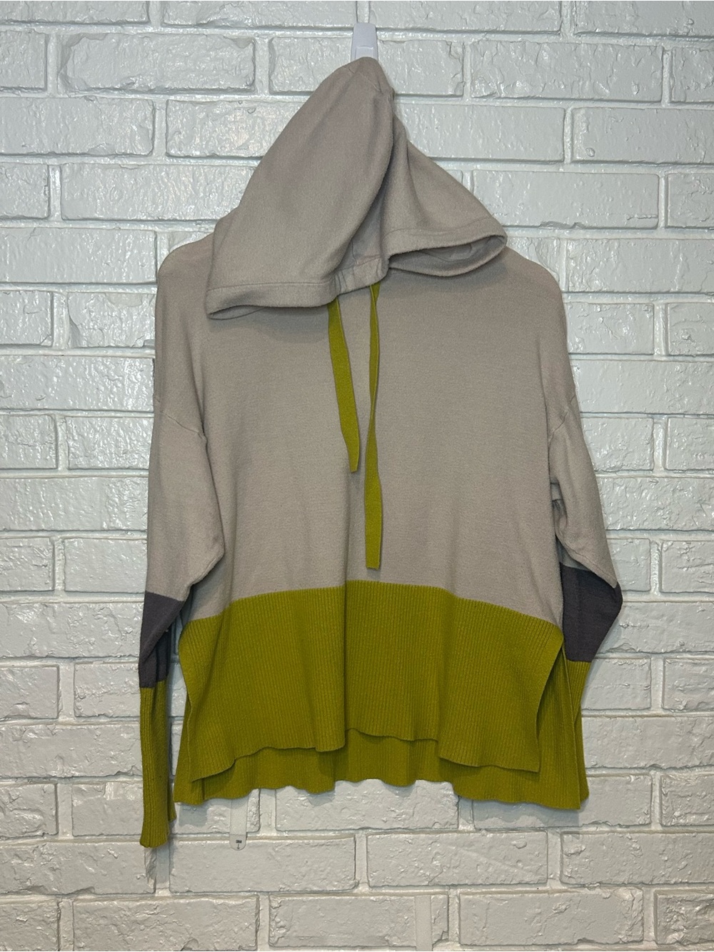 Felina Hooded Two-Tone Sweater in Tan, Gray, and Olive Medium